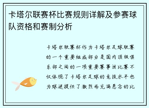 卡塔尔联赛杯比赛规则详解及参赛球队资格和赛制分析